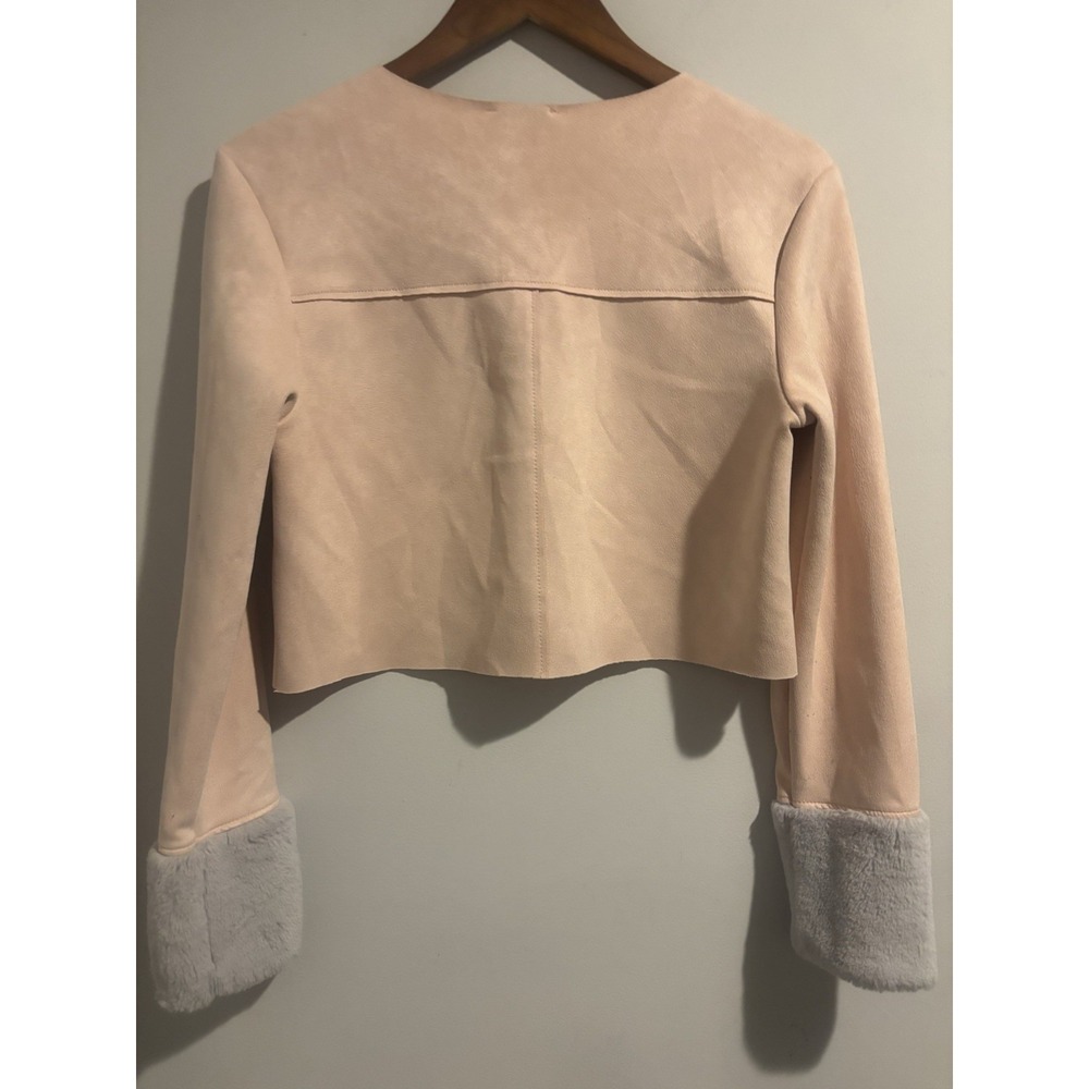 ZARA Baby Pink Faux Suede Leather Grey Fur Trim Cuff Sweater Jumper Top Size M